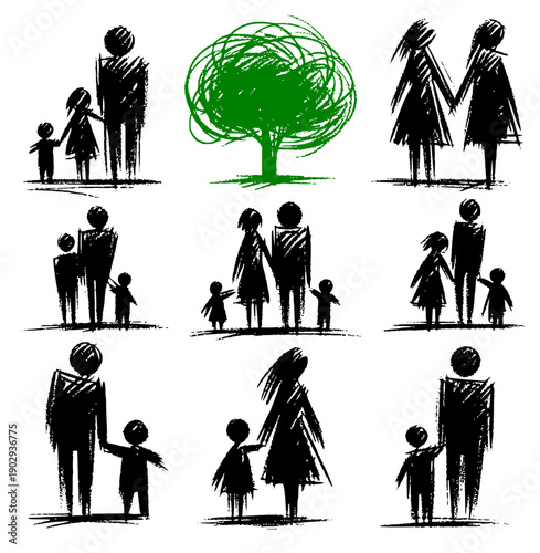 Hand-drawn family silhouettes and green tree set: parents, children, and genealogy concept. Artistic charcoal sketch style illustrations.