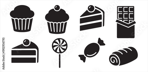 Sweet dessert and candy silhouette icon set. Bakery symbols including cupcake, chocolate bar, lollipop, and swiss roll. Vector food signs.
