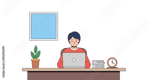 Young person working on a laptop computer at a desk in a simple office setting with a plant and clock