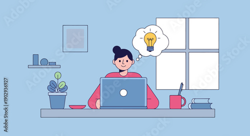 Creative person working on laptop generating new innovative ideas with light bulb symbol appearing in thought bubble on desk illustration