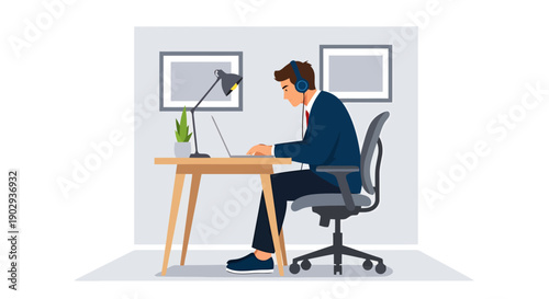 Man Working On Laptop Wearing Headphones In Office Setting With Desk Lamp And Artwork On Wall Focused Concentration