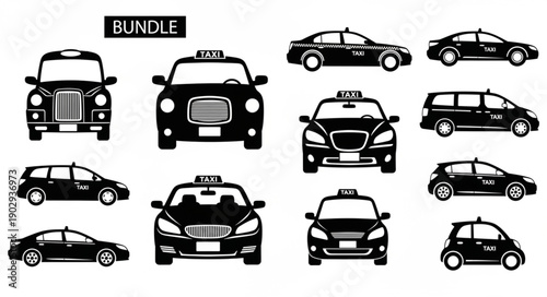 Collection of Black Taxi Silhouettes Isolated on White Background.