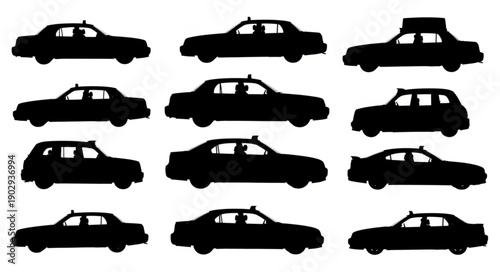 Collection of Black Taxi Silhouettes on White Background.