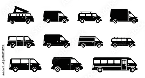 Collection of black van and bus silhouettes isolated on white background.