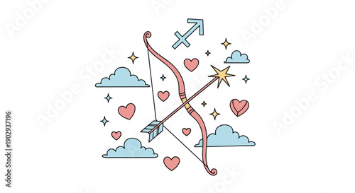 Sagittarius zodiac astrological sign illustration featuring a pink bow and arrow surrounded by clouds hearts and stars in a cute style.