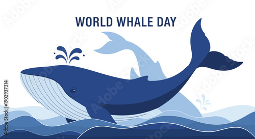 World whale day illustration featuring a large blue whale breaching from the ocean waves under a white sky with bold text.