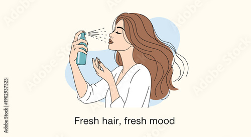 Beautiful young woman with long brown hair applying hairspray from a bottle to style her locks with a fresh hair fresh mood caption.