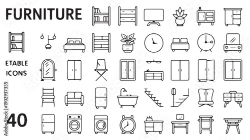 Furniture Icon Set - A Collection of Black and White Line Art Icons