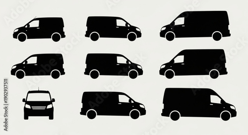 Collection of Black Van Silhouettes on Light Background.