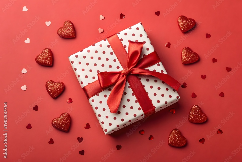 Obraz premium White gift box with red heart patterns and a satin ribbon on a vibrant red background