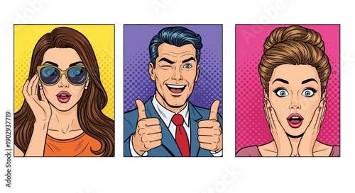 Three vibrant pop art portraits of diverse individuals expressing surprise and confidence.