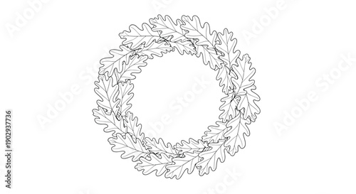 Circular wreath composed of overlapping oak leaves in a black and white line art style isolated on a plain white background.