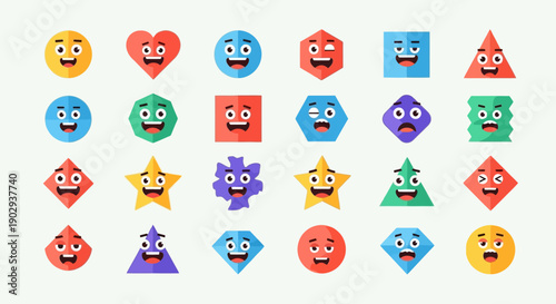 A vibrant collection of cartoon-style geometric shapes with expressive faces, showcasing a variety of emotions and colors.