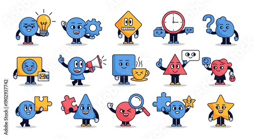 A collection of cartoon geometric shapes with faces and arms, engaged in various activities and holding objects.