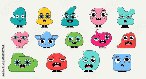 A collection of 15 unique, colorful, and cartoonish monster characters with diverse shapes and expressions.