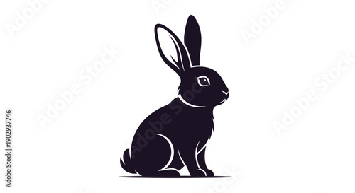 A silhouette of a black rabbit sitting upright with its ears perked up.