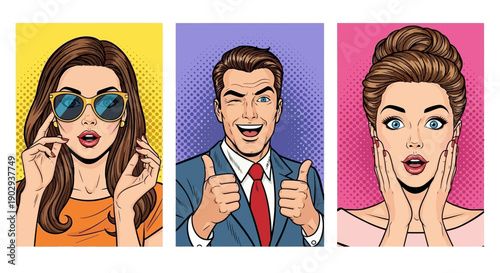 Three vibrant pop art portraits of diverse individuals expressing excitement and confidence.