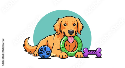 A happy golden retriever dog lies down with a green ring toy in its mouth, surrounded by a blue ball and a purple bone toy.