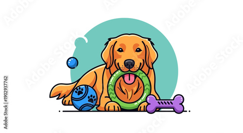A happy golden retriever dog is playing with its toys, including a ball and a bone.