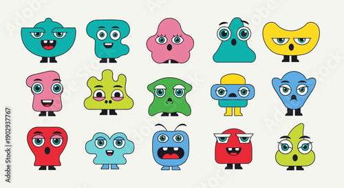 A collection of 15 unique, colorful, cartoon-style monsters with big eyes and varied expressions, arranged in three rows.