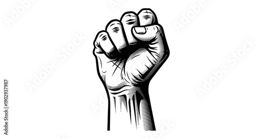 A black and white illustration of a clenched fist raised upwards, symbolizing power and resistance.