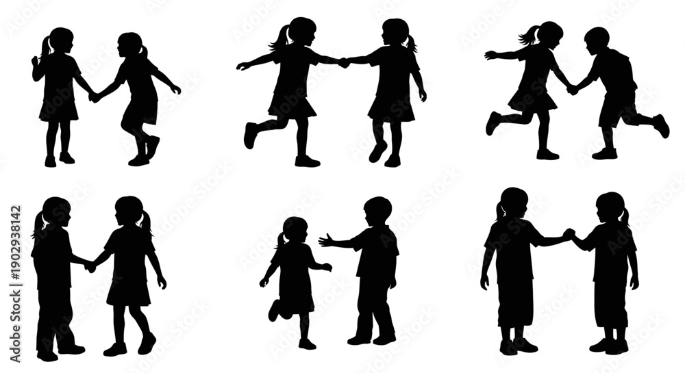 Fototapeta premium Silhouettes of children holding hands and playing together in various poses, representing friendship and childhood activities.