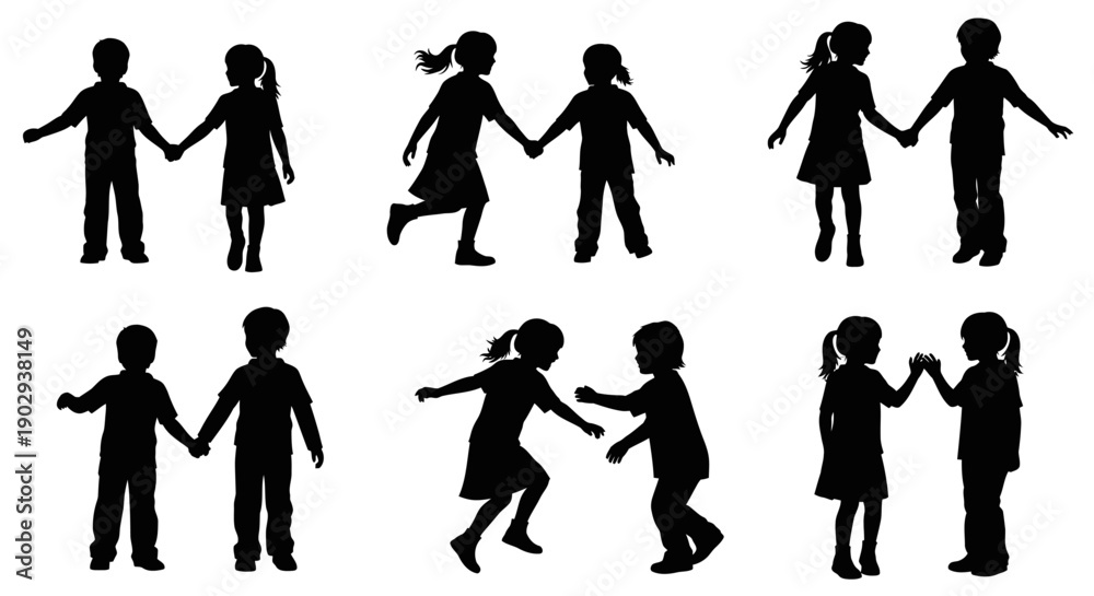 Fototapeta premium Silhouettes of children holding hands and playing together in various poses, depicting friendship and childhood activities.