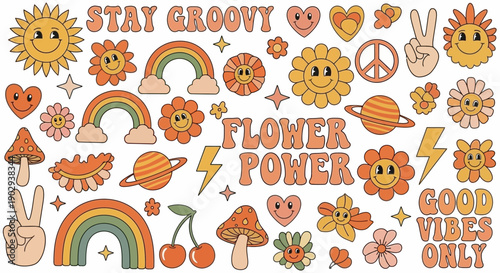 A vibrant collection of retro 70s groovy stickers featuring smiling suns, flowers, rainbows, peace signs, mushrooms, and positive text.