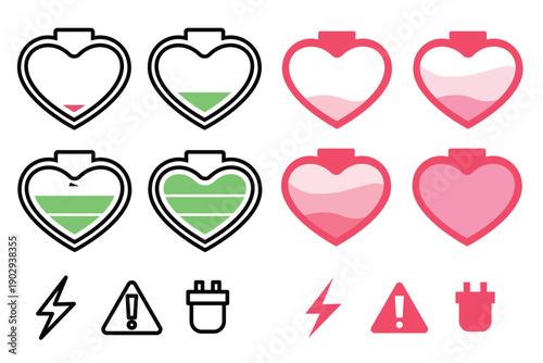 ハート型バッテリー残量アイコンセット（線画・フラット）