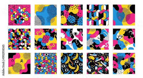 A collection of 15 vibrant abstract seamless patterns featuring organic shapes, geometric elements, eyes, and bananas in a bold color palette of black, yellow, pink, and blue.
