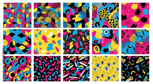 A vibrant collection of 15 abstract seamless patterns featuring bold geometric and organic shapes in black, yellow, magenta, and cyan colors.