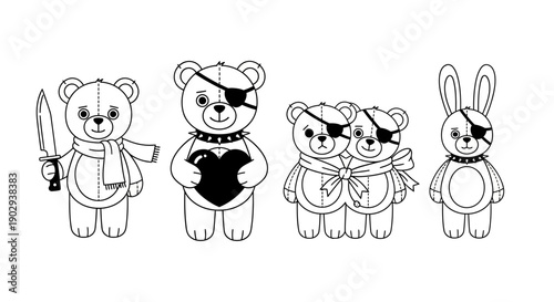 A collection of four black and white cartoon teddy bears and one bunny, each with an eyepatch, some holding objects like a knife, heart, or scarves.