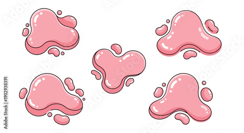 Five pink glossy cartoon blobs with outlines and small droplets on a white background.