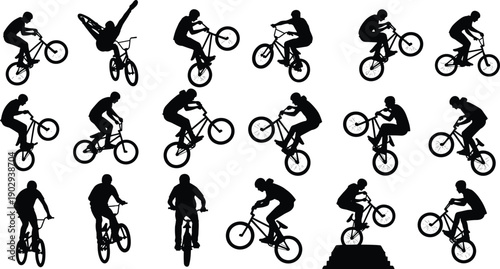 Vector set of extreme sport silhouettes showing BMX riders performing bicycle stunts jumps and freestyle tricks on white background.