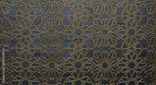 Elegant traditional Moorish tilework with complex golden geometric ornamentation.
