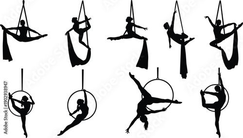 Set of black silhouettes depicting female aerial gymnasts performing artistic acrobatics on hanging silk ribbons and lyra hoops.