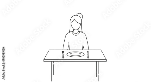 Woman sitting at a table with a plate and cutlery.