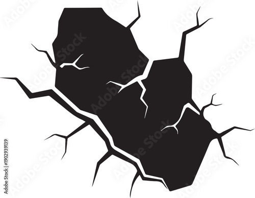 Black crack silhouette illustration representing damage or a hole on a white background isolated on white background, illustration