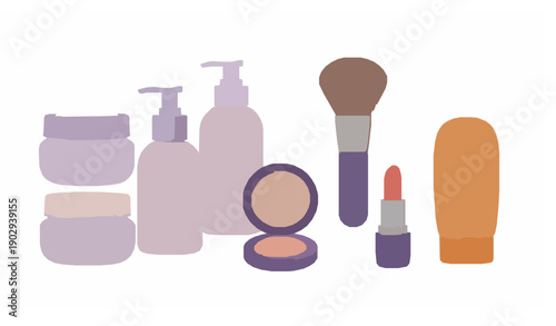 A cute cartoon style 3D vector render illustration of beauty cosmetic products isolated on a solid white background. The collection includes rounded facial cream jars, pump body lotion bottles, soft b