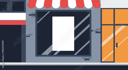 Storefront window poster mockup with shop facade flat design