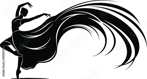 Artistic silhouette of a graceful ballet dancer woman posing with a long flowing dress fabric on white background.