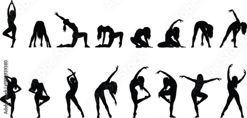 Set of black vector silhouettes of flexible women doing yoga stretching exercises and gymnastics poses on white background.