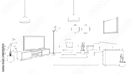 Elegant minimalist line art sketch depicting a modern contemporary living room interior design concept