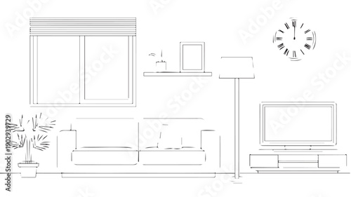 Minimalist line drawing of a modern living room interior