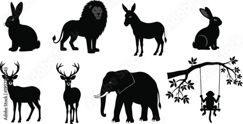 Silhouettes of various animals and a child on a swing