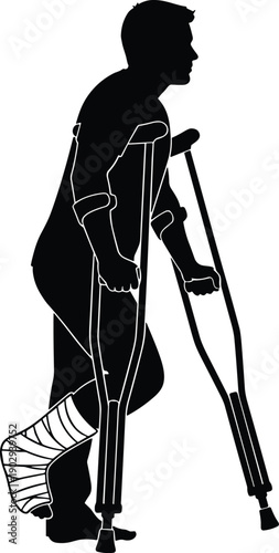 Black silhouette of an injured man walking with crutches and a leg cast recovering from a broken bone accident.