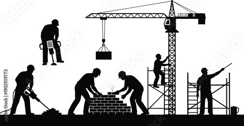 Vector set of construction workers silhouettes building a structure using cranes, bricks, scaffolding, and jackhammers on a job site.