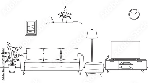 A minimalist line drawing of a modern living room with stylish furniture and house plants
