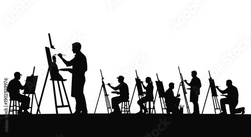 Set of black silhouettes depicting artists and painters standing at easels working on canvas paintings in a creative art studio.