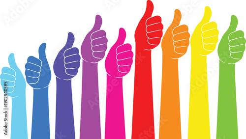 Colorful thumbs-up vector illustration with gradient hands, vibrant approval icon, positivity symbol, diverse design concept promoting unity